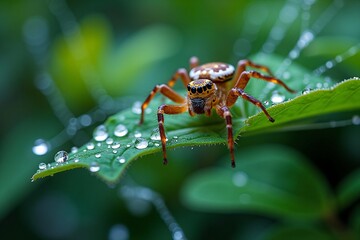 Close-Up of a Colorful Spider on a Dewy Green Leaf in Nature