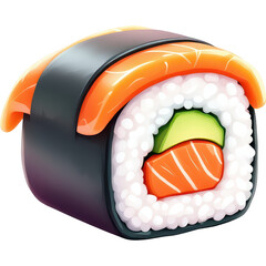 A 3D rendered image of a sushi roll featuring fresh salmon wrapped in vinegared rice and a seaweed sheet, offering a visually appealing and appetizing look. Cut out isolated on white background