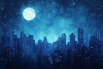 Naklejka premium A bright full moon illuminates a city skyline at night