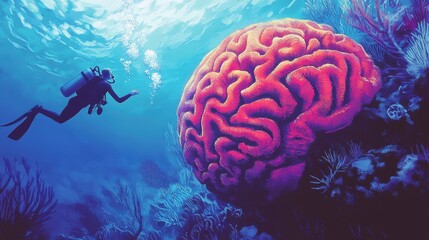 A diver explores a large brain underwater near coral and plants