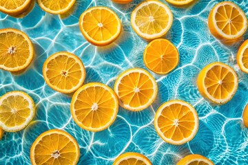 Creative summer composition made of sliced orange in transparent pool water. Healthy refreshing drink theme. Top view