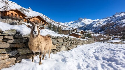 Naklejka premium Goat in snowy alpine village