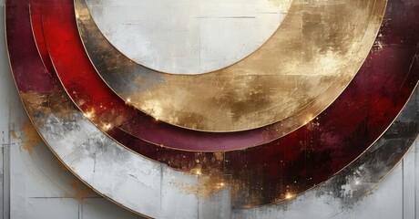 Luxury inspired circular geometric artwork elegant gold deep maroon cool platinum layers refined metallic textures glowing reflective highlights