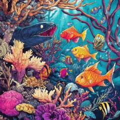 Naklejka premium An underwater scene shows a giant eel amongst colorful fish