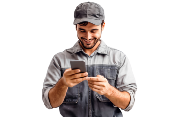 Smiling mechanic worker using smartphone isolated on transparent background