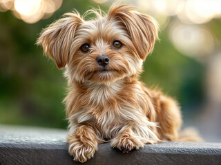 Small dog with fluffy fur, sitting calmly on a stone surface with a blurred natural background, exuding a cute and playful expression.