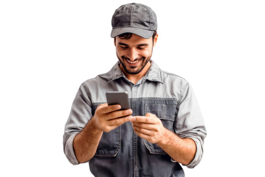 Smiling mechanic worker using smartphone isolated on transparent background