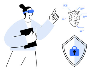Medical professional using VR headset, holding tablet, pointing at digital heart diagram, beside data security shield. Ideal for VR, telemedicine, healthcare innovation, data security, medical