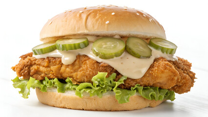 A crispy fried chicken sandwich with fresh pickles, lettuce, and creamy sauce, isolated on a white background for food photography and branding.