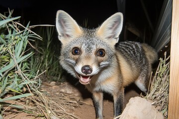 Naklejka premium A desert fox cautiously emerging from its burrow at dusk