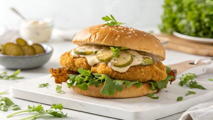 A crispy fried chicken sandwich with fresh pickles, lettuce, and creamy sauce, isolated on a white background for food photography and branding.