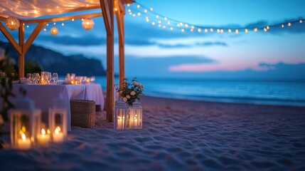 A romantic candlelit dinner setup on the sand for tourists at a five-star beachfront hotel