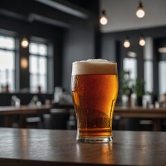 glass of beer on table  glass of beer  mug of beer A glass of golden, freshly brewed beer with a creamy foam head in a brewery setting. Stainless steel brewing tanks create a warm industrial ambiance.