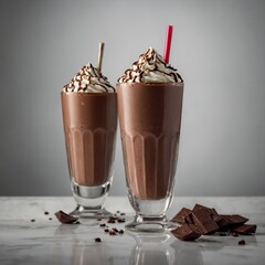 chocolate milkshake on plastic cup  3D oil painting Two glasses of luxurious chocolate iced drink each meticulously decorated with dense smooth cream covered in rich cocoa powder. On top