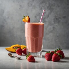 Tasty Delicious Strawberry Smoothie Shake in a glass  Strawberry smoothie drink A tall glass with a pink drink, whipped cream, and a strawberry on top, on a wooden table