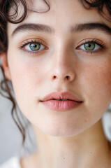 Obraz premium Close-up portrait of a young woman with freckles, natural skin, and minimal makeup, emphasizing her pure, fresh, and authentic beauty.