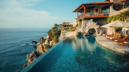 Obraz premium A scenic cliffside infinity pool at a luxury resort, tourists admiring the breathtaking ocean view