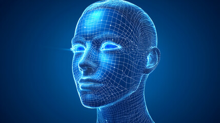 A digital representation of a human head created with a wireframe structure, illuminated against a blue background, symbolizing technology and artificial intelligence.