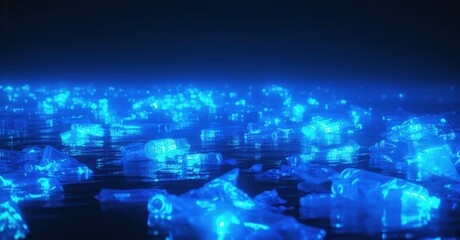 Midnight blue deep ocean glowing neon plankton illuminating dark floating plastic waste eerily water s subtle electric reflections