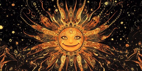 A smiling sun illustration with radiating golden light and dark space