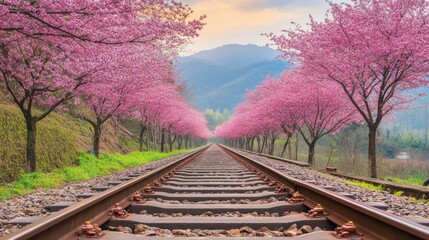 Fototapeta premium Cherry Blossom Trees Along a Scenic Railway Track in Springtime