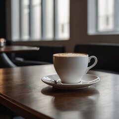 Office Moments: Coffee Break and Note-Taking  Hot black coffee in clean black ceramic cup on table on light background  Espresso Coffee Cup Latte Art in a Minimalist Setting