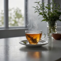 Relaxing Morning Tea Moment Generative AI  Glass cup of steaming tea on a white surface, delicate steam swirls, minimalist composition, warm colors, emphasizing simplicity and elegance