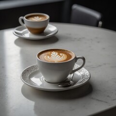 A cup of coffee on the wooden table in front of window cafe, morning routine concept, copy space  A delicious cup of cappuccino featuring a heart design in the foam A classic Italian espresso served i