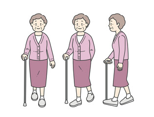 杖をついて歩く後期高齢女性の全身イラスト