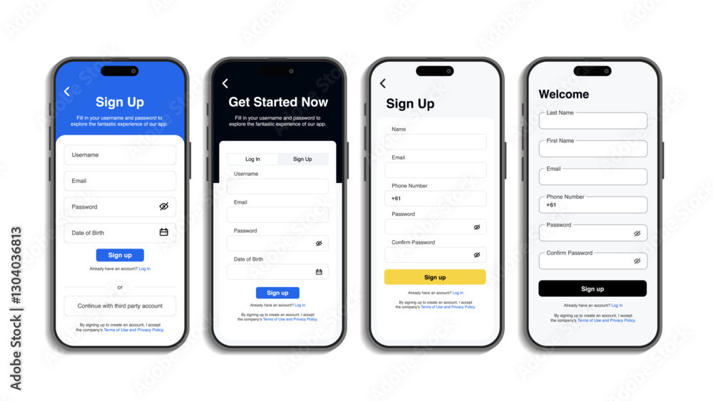Poster modern mobile app sign-up screens vector – web template for account registration, create new account