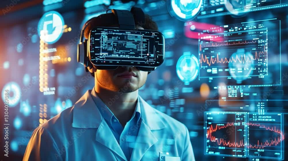 Poster virtual reality in science: a scientist in a lab coat explores data via virtual reality goggles, imm
