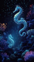 Obraz premium Two luminous seahorses are floating in a dark underwater scene
