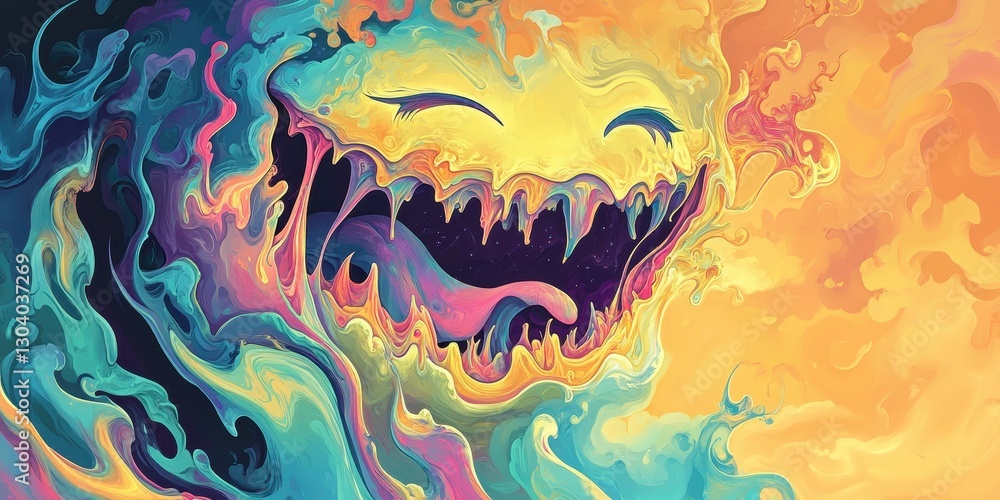 Poster a smiling face merging with colorful swirling abstract elements
