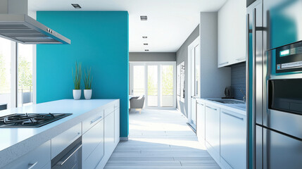 Modern bright kitchen with stainless steel appliances and turquoise accent wall