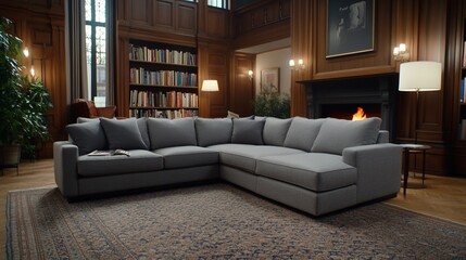 Gray sectional sofa in library