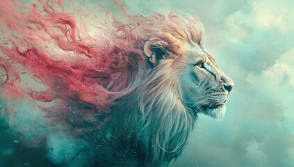 Majestic lion with vibrant, flowing mane against a cloudy sky.