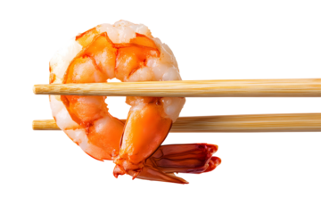Delicious, juicy shrimp held by chopsticks, cut out, placed on white or transparent background
