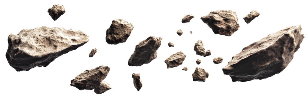 Flying asteroids cut out, on white or transparent background
