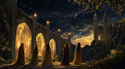 Midnight Vigil: Wise and Foolish Virgins Await the Bridegroom Under a Starry Sky with Glowing Lamps