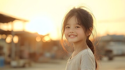 Obraz premium Charming Close up Portrait of a Teenage Asian Girl Smiling Bashfully with a Soft Serene Expression in Natural Daylight Lighting