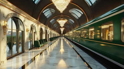 Fototapeta premium Luxurious Train Station Interior with Elegant Chandeliers and Design