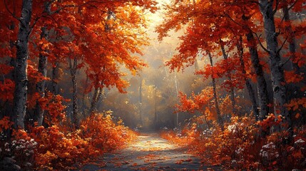 Autumn forest path, vibrant colors, sunlight, peaceful scene, ideal for nature, stock image