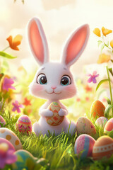 playful cartoon bunny holding Easter egg in colorful garden