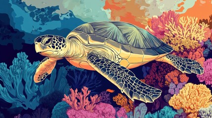 A swimming sea turtle amidst a vibrant and colorful coral reef