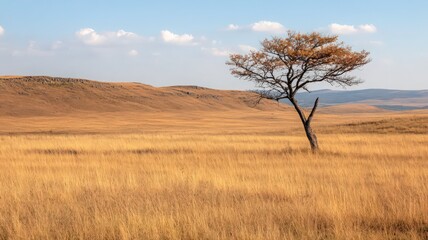 Fototapeta premium Solitary Tree in Golden Savanna Under a Clear Blue Sky
