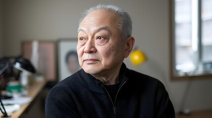 Obraz premium Close up portrait of a reflective sorrowful looking elderly East Asian man with a thoughtful meditative expression captured in soft natural indoor lighting in an office or workplace setting