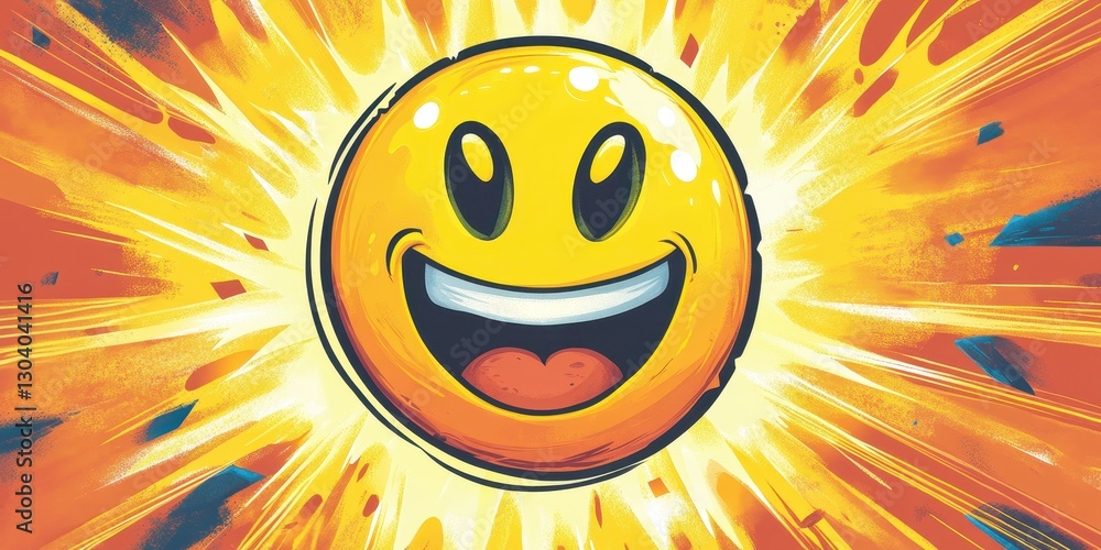 Poster a large smiling yellow emoji with exploding energy background