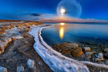 A glowing bioluminescent plankton bloom, carried by warm ocean currents at night