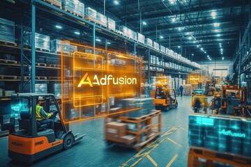 Automated warehouse with forklifts and digital overlay.