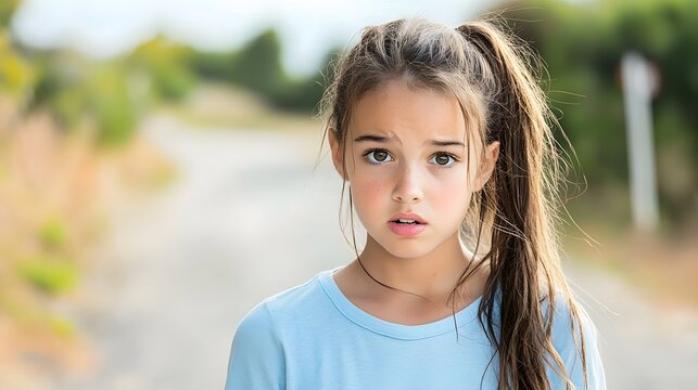 Close up portrait of a young Mediterranean teenage girl with a tense worried expression on her face  She appears anxious stressed